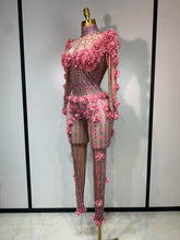 Sexy Skinny Rhinestones Flower Long Sleeve Bodycon Jumpsuit Women High Street Nightclub Birthday Performance Dance Stage Outfit